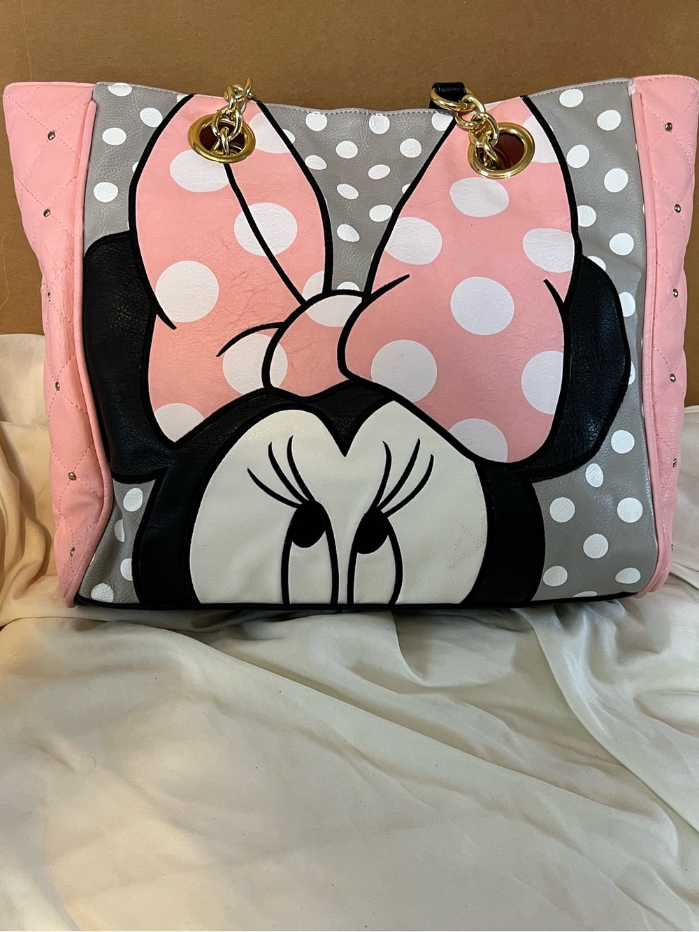 Disney Loungefly Minnie Mouse Pink Polka Dot Tote with Gray Accents